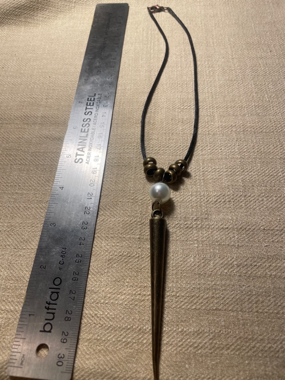 Delicate Black Cord Necklace with Pearl and Antique Gold Spike 15.5” - Picture 4 of 5